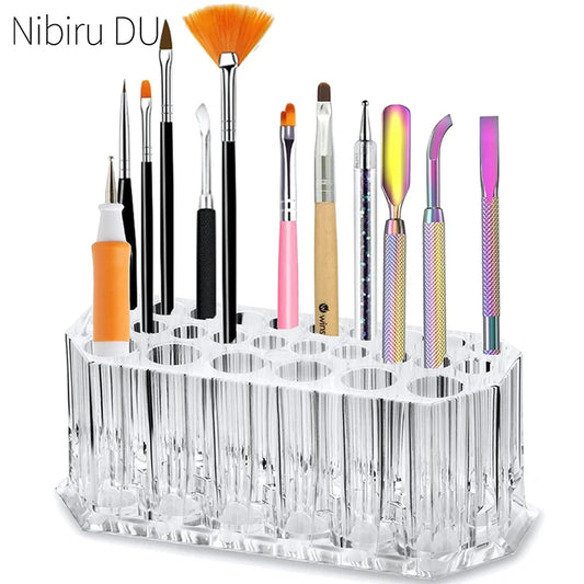 26 Holes Acrylic Nail Brush Organizer - Nail Art Tool Storage Display Holder Case For Makeup Cosmetics Pens