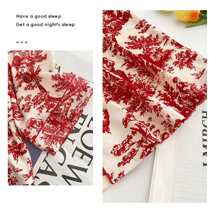 Fashion Floral Print Satin Pajamas Set for Women – Spring Summer Loose Sleepwear Loungewear Homewear Suit