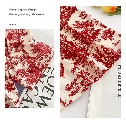 Fashion Floral Print Satin Pajamas Set for Women – Spring Summer Loose Sleepwear Loungewear Homewear Suit