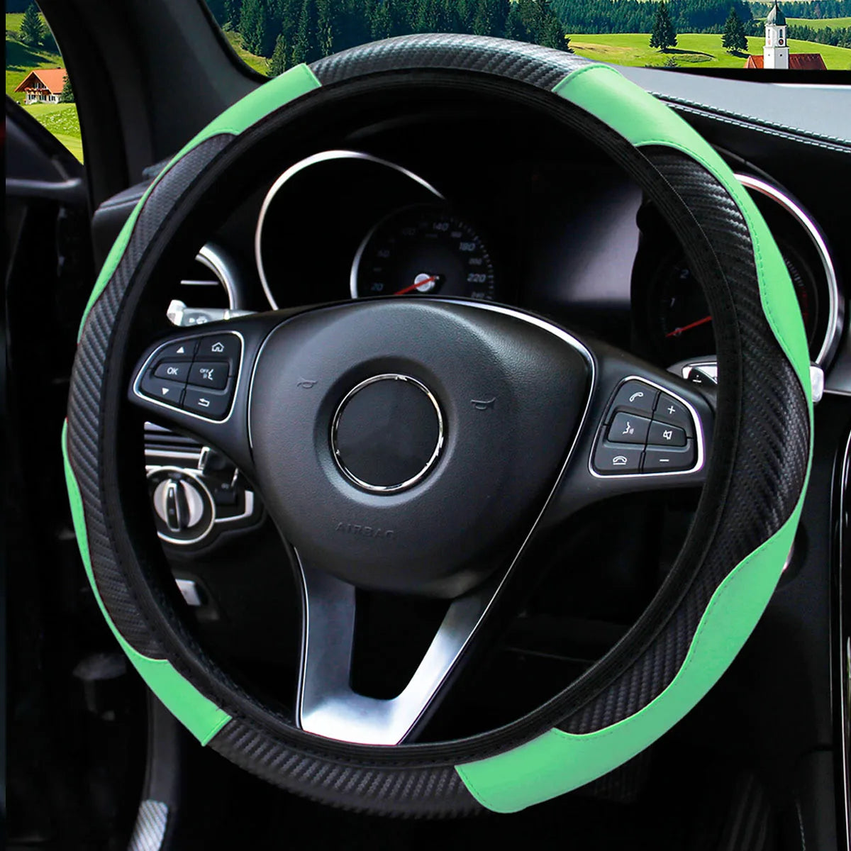PU Carbon Fiber Leather Steering Wheel Cover — No Inner Ring, Fits 14.5-15 Inch Cars