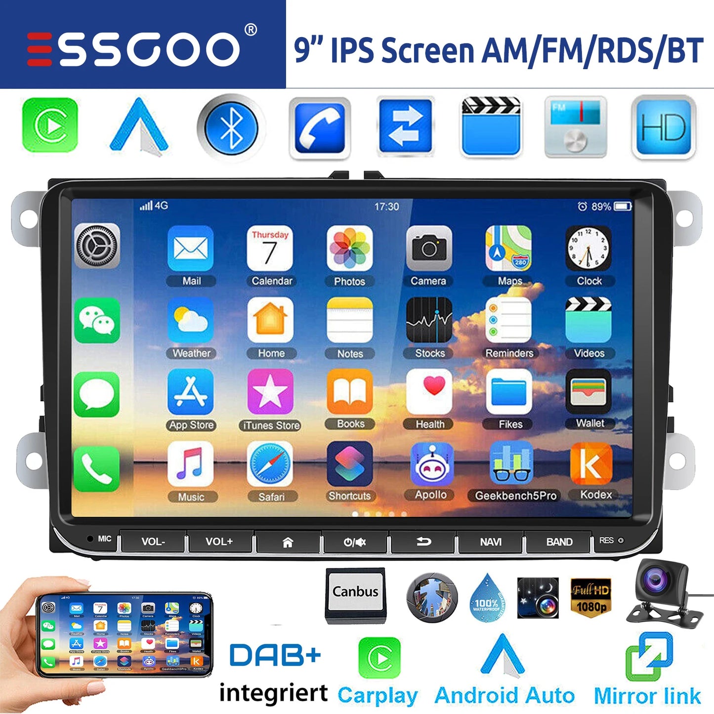 9" Android 15 Car Stereo - 6GB+128GB Wireless CarPlay GPS WiFi Bluetooth FM for VW