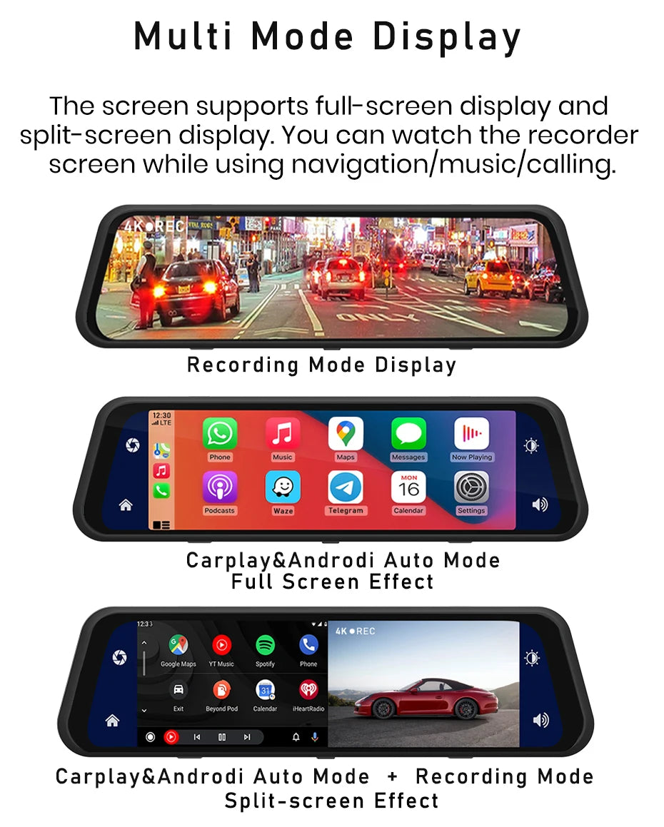 4K 2160P Dash Cam – Car DVR with CarPlay, Android Auto, Rearview Mirror Streaming, GPS, 5G WiFi, FM Radio, AUX