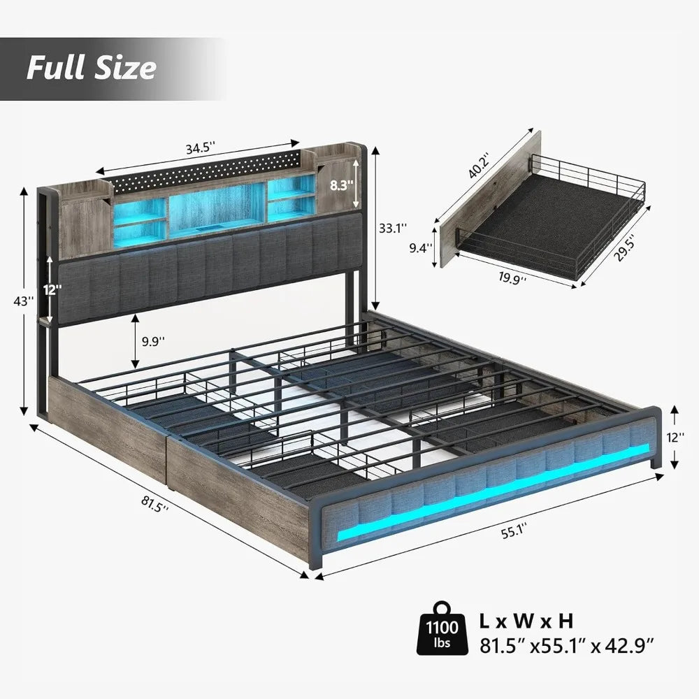 Full Size Upholstered Bed Frame with Storage Drawers, Bookcase Headboard, LED Lights & USB Charging Station