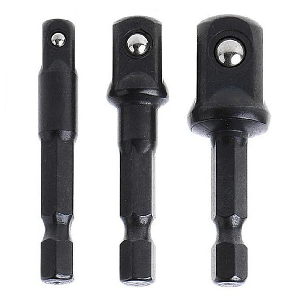 3pcs Impact Socket Adapter Set – 1/4", 3/8", 1/2" Hex Shank Nut Driver Extensions for Screwdrivers