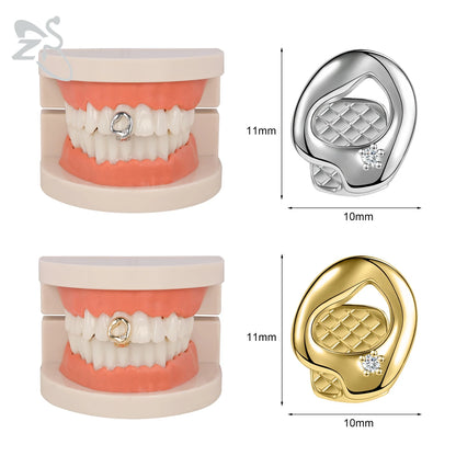ZS Hip Hop Grillz – Silver/Gold Plated CZ Crystal Cross & Rose Star Tooth Cap, Top & Bottom Set