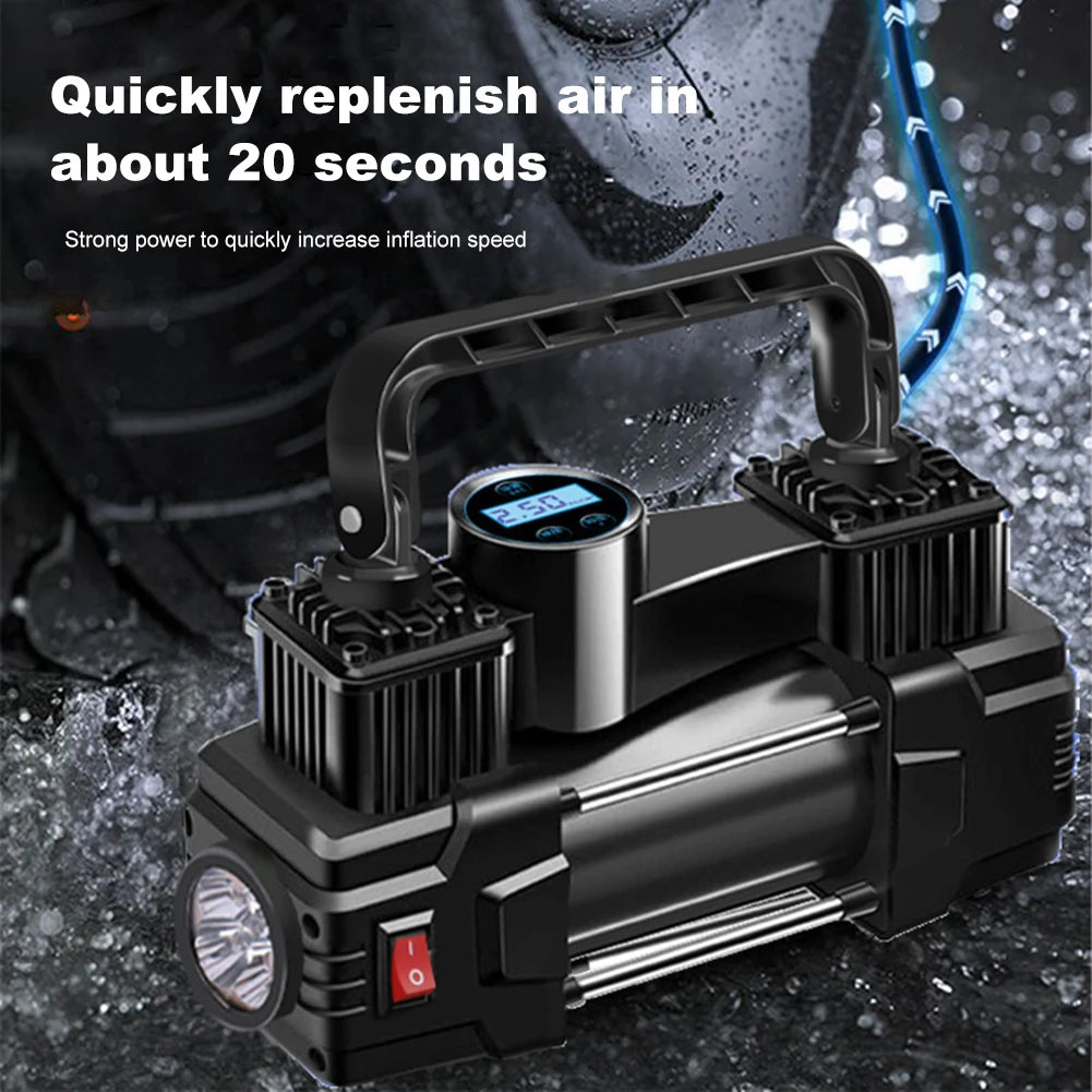 12V 150PSI Mini Air Compressor – Dual Cylinder Heavy Duty Tire Inflator with LED Light, Car Electric Pump