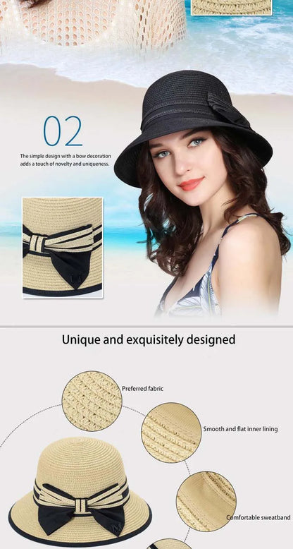 Muchique Women’s Summer Boater Hat – Wide Brim Straw Beach & Travel Hat with Casual Bow