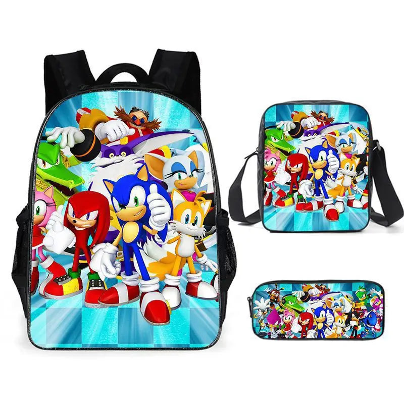 3PC Sonic Backpack School Bag Set – Anime Cartoon Zipper Backpack for Boys & Girls, Primary and Middle School Students
