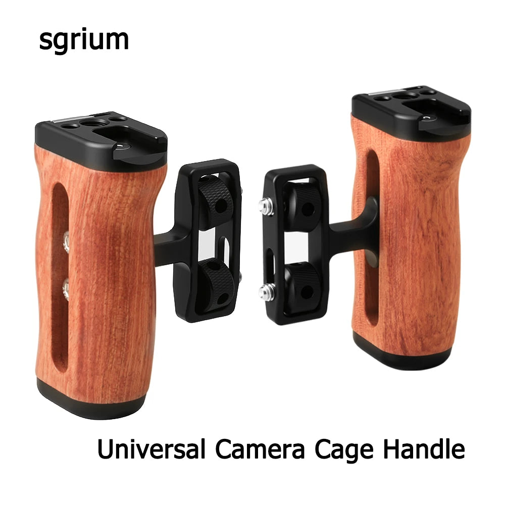 sgrium Universal Camera Cage Wooden Side Handle – Left/Right Hand Grip with 1/4" Mount Holes & Cold Shoe for Sony Camera Cage Video Shooting Rig Accessories