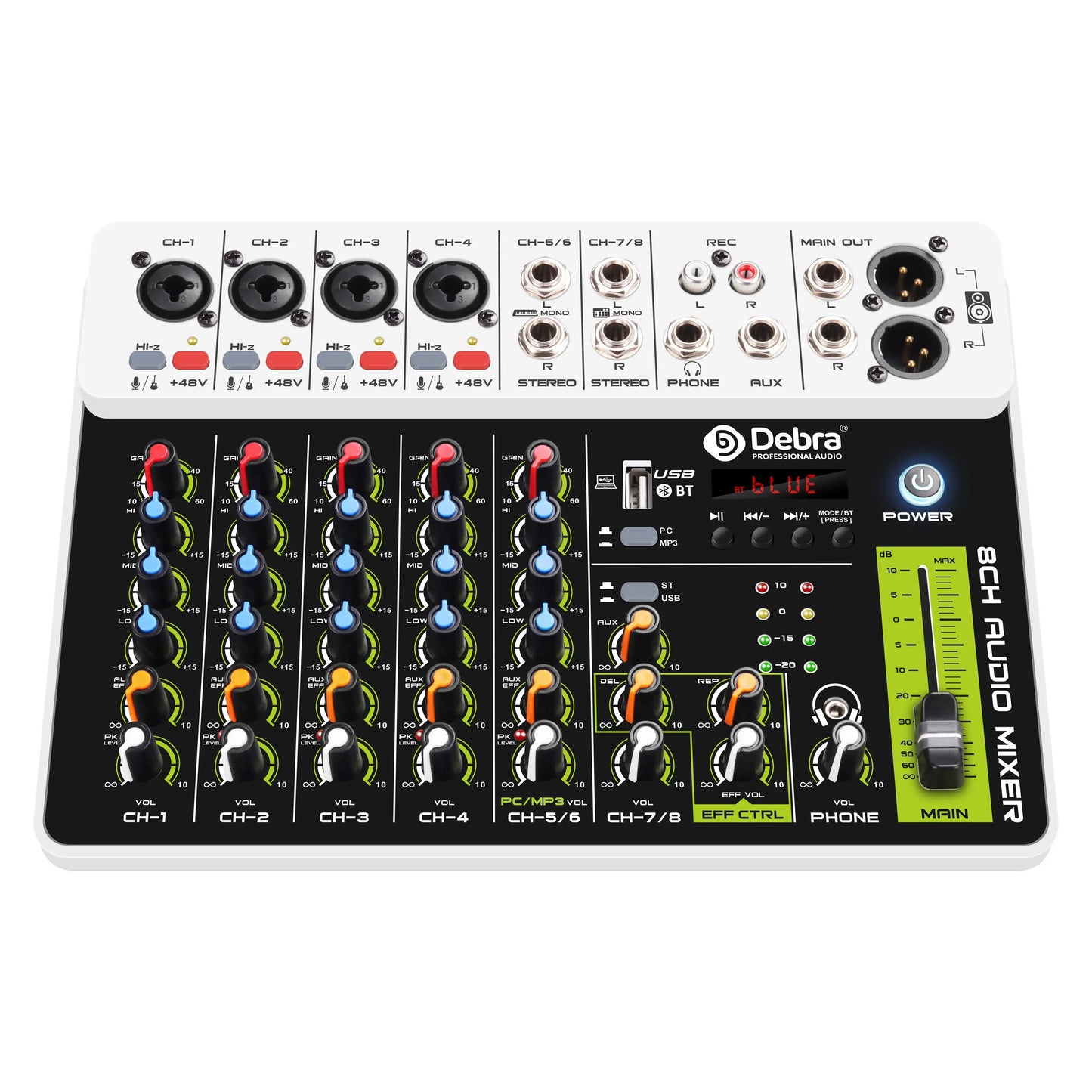 Debra V8 8-Channel Audio Mixer – Bluetooth & USB Mixer with 48V Phantom Power, Delay/Repeat Effects for PC Recording & Sound Console