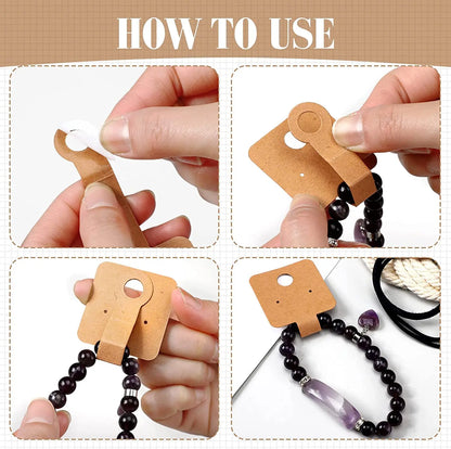 50PCS Self-Adhesive Kraft Paper Cards — 4x10cm Bracelet & Necklace Jewelry Holders for Small Business Retail Display Packaging