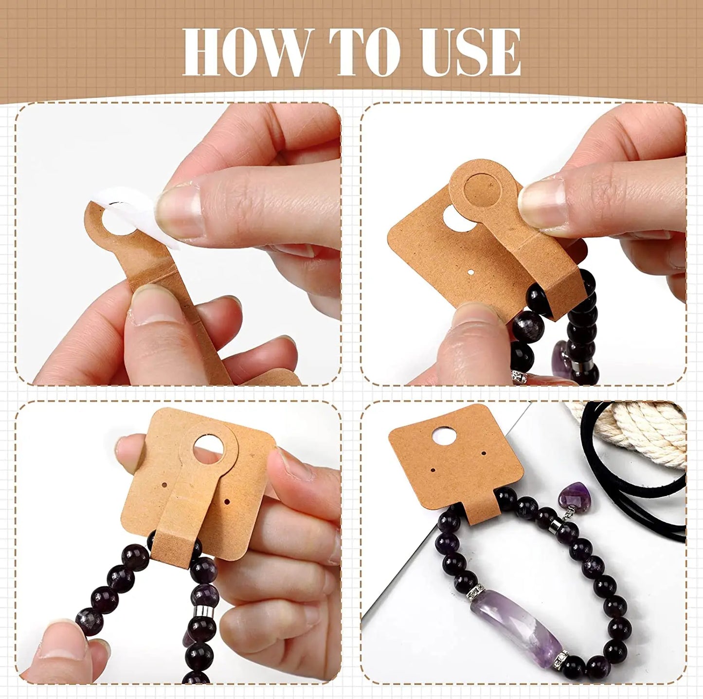 50pcs 4x10cm Self-Adhesive Kraft Paper Jewelry Cards – Bracelet & Necklace Display for Retail Packaging