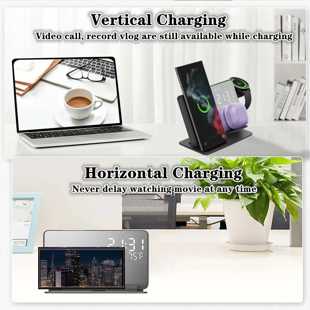 3-in-1 Wireless Charger: Fast Charging Station for Samsung Galaxy Watch 6/5 Pro, Galaxy S24/S23/S22 - Includes Alarm Clock Chargers Stand
