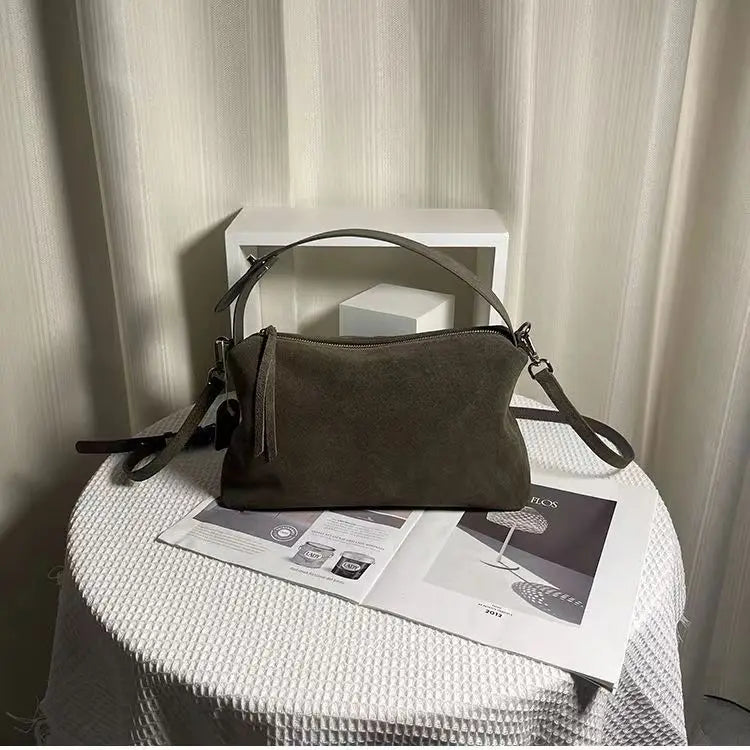 Simple Autumn Winter Grey & Brown Boston Tote — Soft Matte Suede Cow Leather Women's Shoulder Handbag