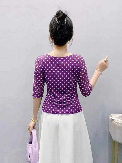 Women’s Polka Dot Mesh T-Shirt - Summer Half Sleeve Irregular Sweet Casual Top