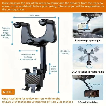 360° Adjustable Car Rearview Mirror Phone Holder - Retractable GPS Mount Clip for Mobile Devices