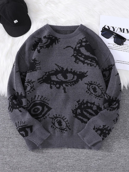 Men's Abstract Eye Jacquard Sweater - Round Neck Knitted Autumn Winter Casual Pullover Top