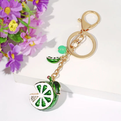 EASYA Vintage Imitation Fruit Charm Keychain – Lemon, Persimmon & Strawberry Glass Pendant, Luxury Jewelry for Women