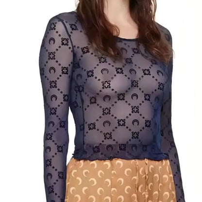 Women’s Mesh Long Sleeve Top - Hollow Out Retro T-Shirt with Mushroom Edge High Street Fashion Design