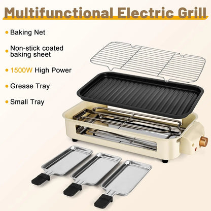 Electric Smoke-Free Indoor BBQ Grill — Portable Non-Stick Grill with Detachable Board & Adjustable Temperature