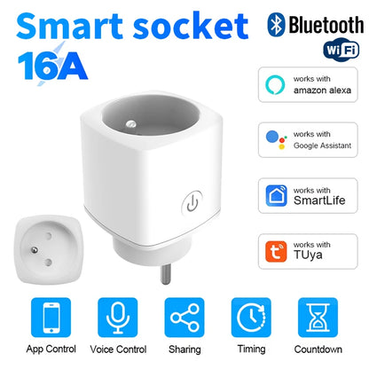 HIMOJO Tuya WiFi & Bluetooth Smart Socket – Smart Life App Control Plug with Timer, Power Monitoring & Alexa/Google Voice Support (FR Plug)