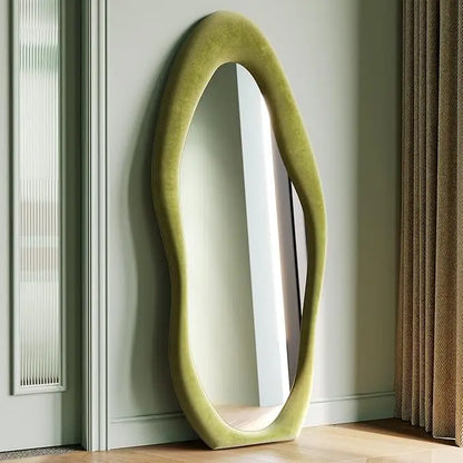 Full-Length Wall Mirror – 63"x24" Wavy Full Body Mirror with Flannel-Wrapped Wood Frame for Bedroom, Living Room & Cloakroom