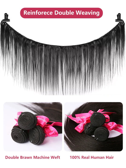 Bone Straight 100% Human Hair Bundles – 30" 40" 50" Brazilian Virgin Hair Extensions, Double Weft, Natural Black