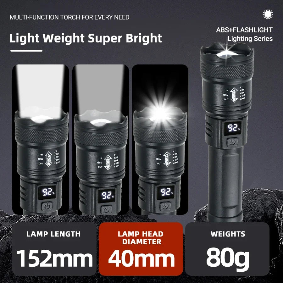 2000LM High-Power LED Tactical Flashlight – USB Rechargeable Zoom Torch with Display, Outdoor Camping, Fishing & Emergency Lantern Light for Survival Use