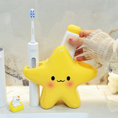 Cute Star Shaped Toothbrush Holder – Freestanding Bathroom Organizer for Toothbrush & Toothpaste Storage with Cute Face Design