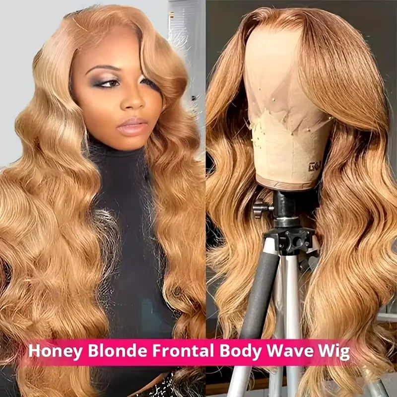 27" Honey Blonde Human Hair Wig - 13x6 HD Lace Frontal, 250 Density Body Wave Lace Front Wig