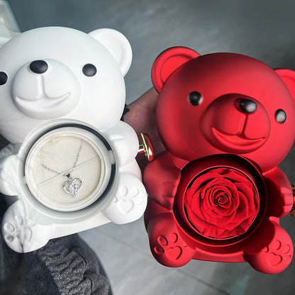 Eternal Rose Teddy Bear Gift Box with Necklace – Rotating Rose Jewelry Storage Case, Perfect for Valentine’s Day or Wedding Gifts for Women and Girlfriend
