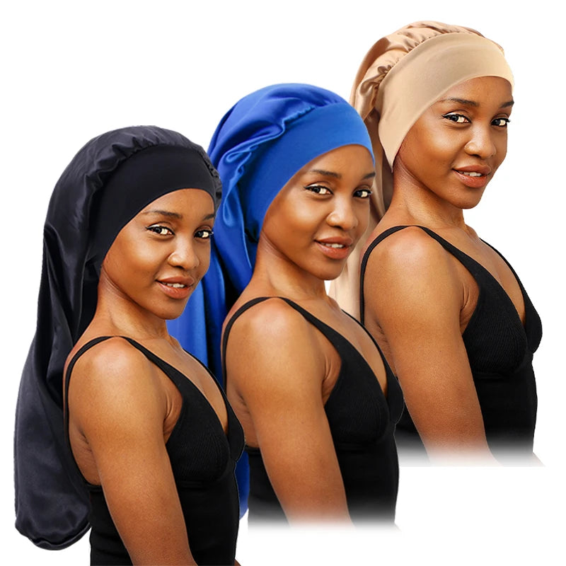 Long Satin Sleep Bonnet for Women — Silky Hair Care Cap with Wide Elastic Band for Braids, Curly & Natural Hair