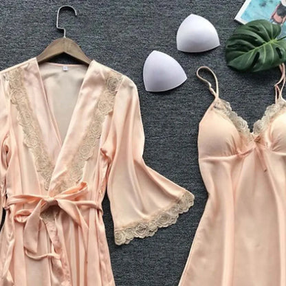 2PCS Satin Lace Pajamas Set - Elegant Female Sleepwear with V-Neck Lace Robe for Wedding Nightwear