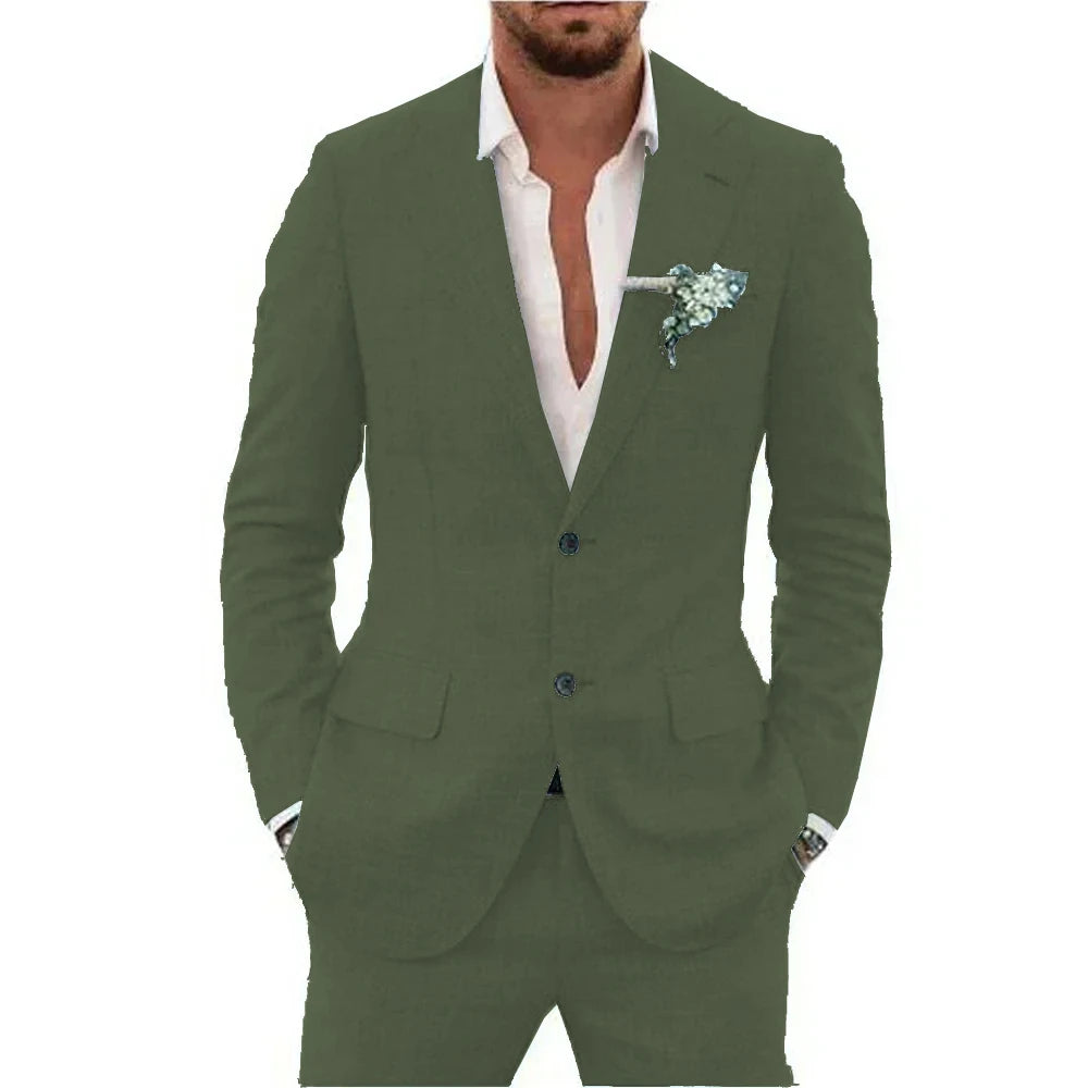 Men's Linen Suit Set - Slim Fit Notched Lapel 2 Piece Wedding & Beach Tuxedo Outfit For Summer Casual Formal Wear