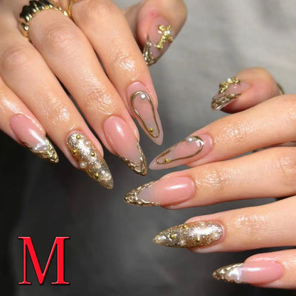 10PCS French Tip Press-On Nails - Short Square Nude Gold Glitter Leopard Nail Set