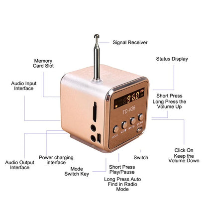 TD-V26 Portable Digital FM Radio & Wireless Speaker — Mini Stereo Receiver with LCD Display, SD/TF Card Support