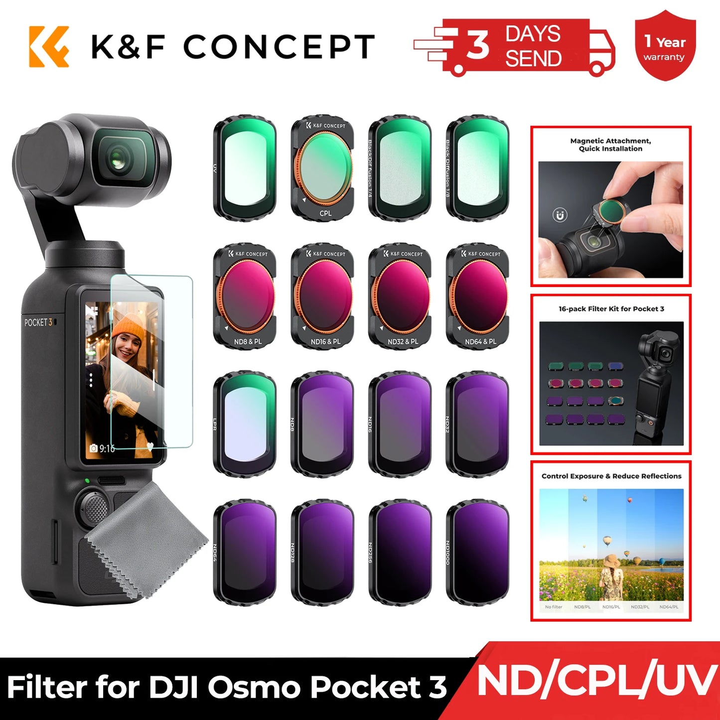 K&F Concept Filter Set for DJI Osmo Pocket 3 – UV, CPL, ND/PL, Black Mist, Star & 1.2X Wide-Angle Lens Effects