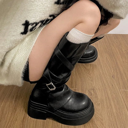 Vintage Thick Heel Women’s Knee-High Boots – Slip-On Fashion Booties for Autumn & Winter