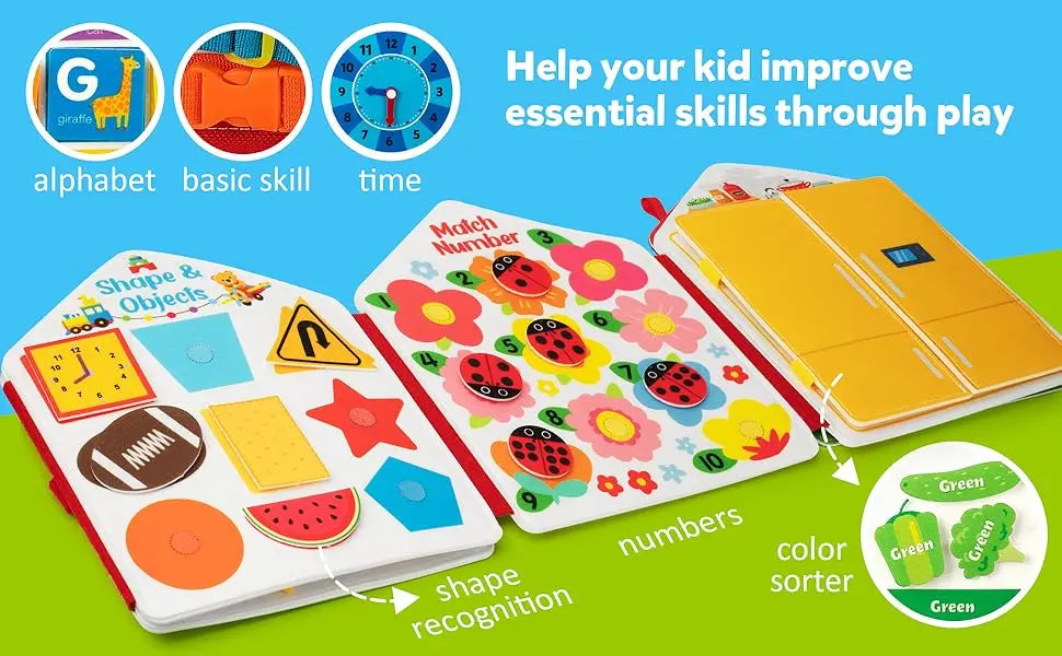 Toddler Montessori Busy Board – Dinosaur Dress-Up, Learning & Sensory Activities, Travel Toy & Life Skills Backpack