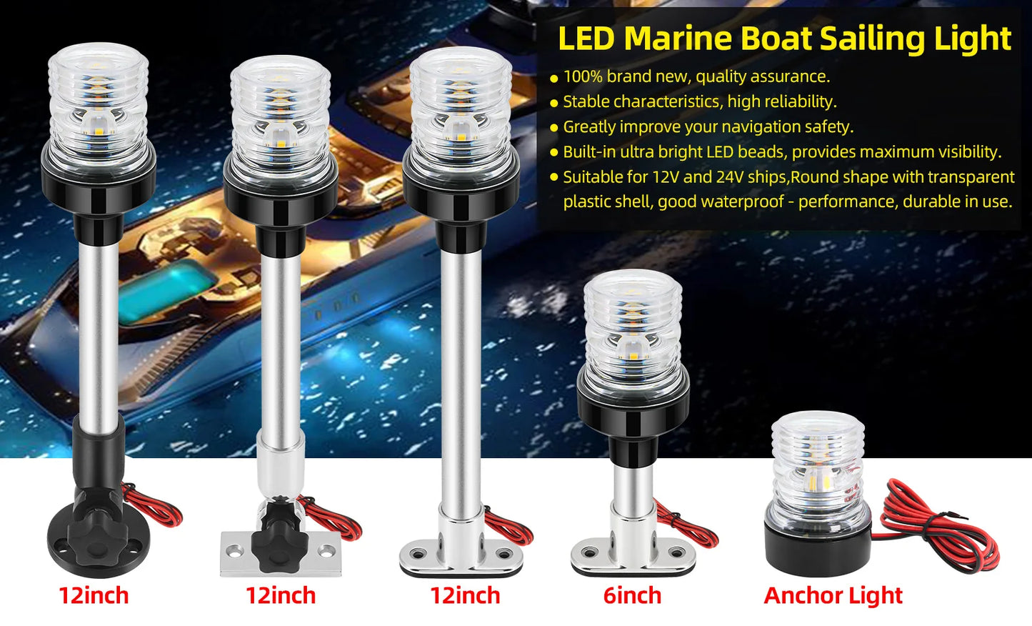 12V/24V LED Boat Navigation Light – 360° Fold Down Marine Signal Anchor Light for Yacht & Sailing