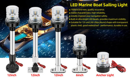 12V/24V LED Boat Navigation Light – 360° Fold Down Marine Signal Anchor Light for Yacht & Sailing