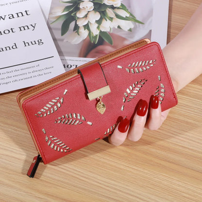 Women’s Long PU Leather Wallet – Gold Hollow Leaf Design Clutch Purse with Coin Pocket & Card Holders