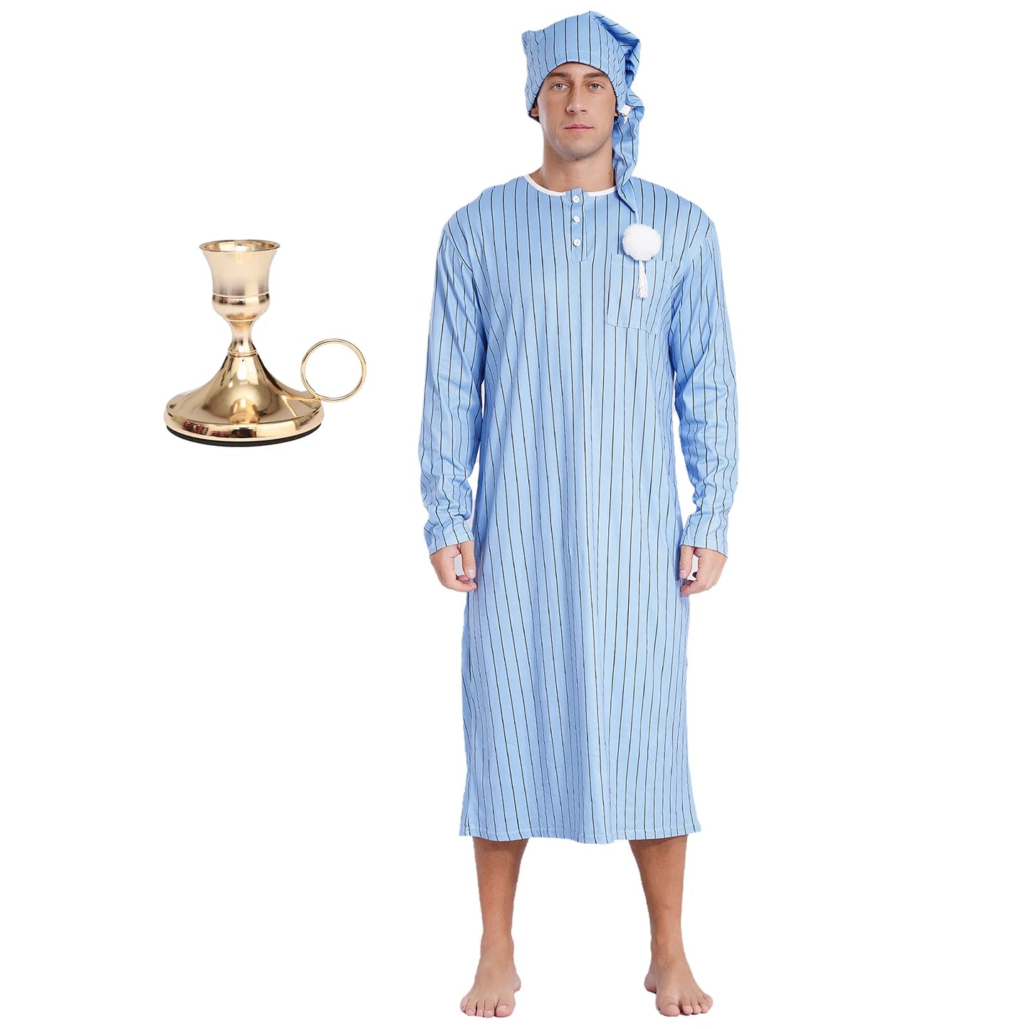 Men's Striped Pajama Set - Soft Loose Long Sleeve Sleepwear with Nightcap for Christmas & Halloween