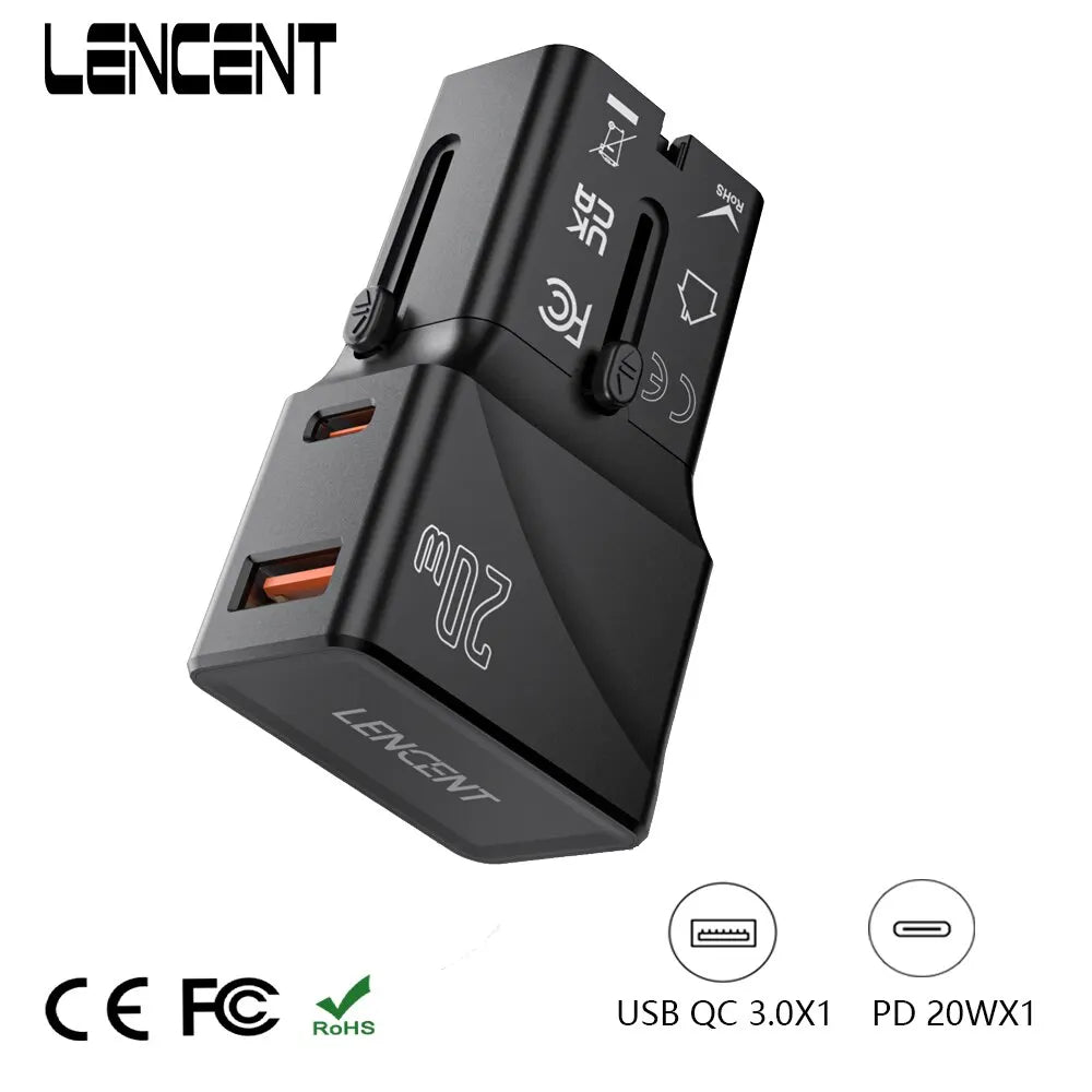 LENCENT Universal Travel Adapter – USB QC 3.0 & PD 20W Type-C Fast Charger for US, EU, UK, AUS Travel