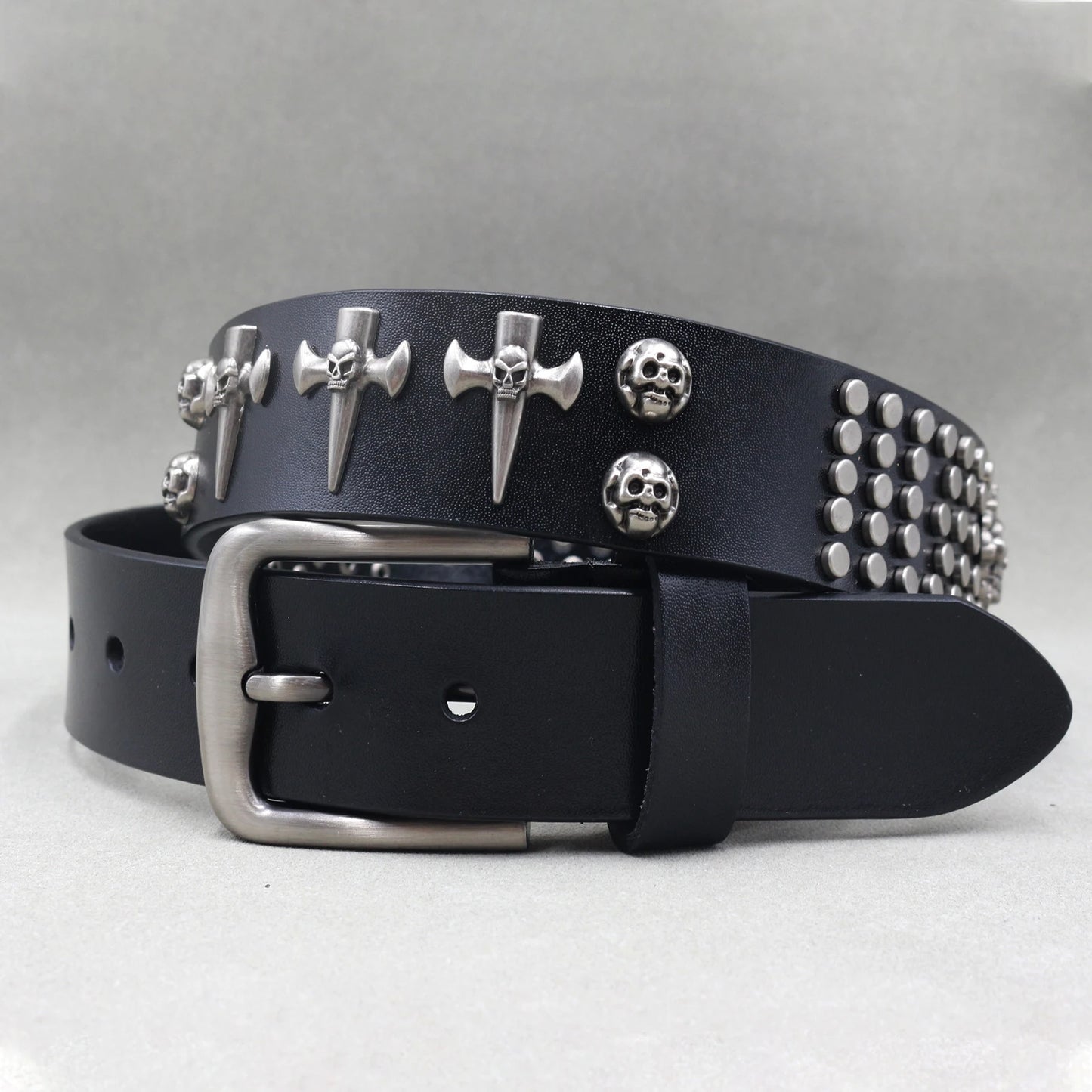 Men’s Designer Rivet Belt – Genuine Cowhide Leather Punk Rock Pin Belt for Jeans, Luxury Black Leather Belt