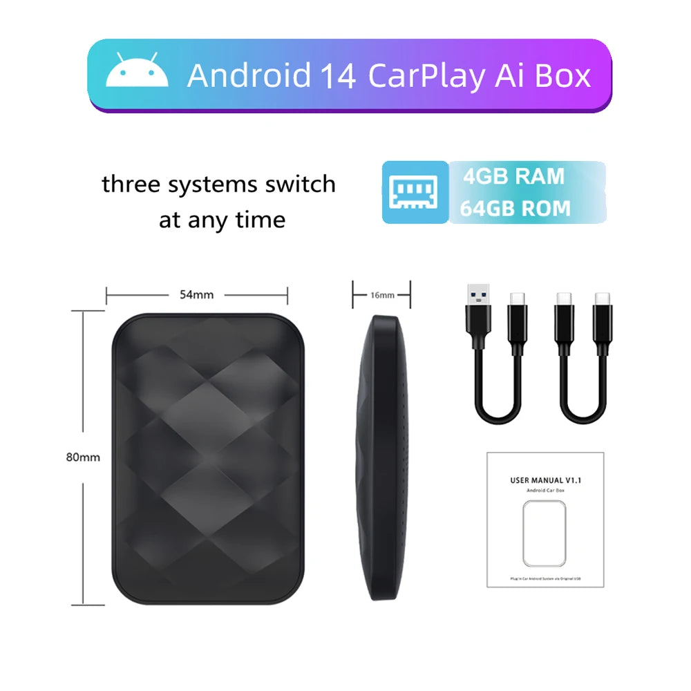 Acodo 2025 3-in-1 CarPlay AI Box — Wireless Android Auto & USB Adapter for YouTube, Netflix, Universal TV, Plug & Play