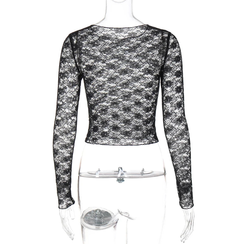 Dulzura Long Sleeve See-Through Lace Crop Top – Sexy Solid Bodycon T-Shirt for Women – Perfect for Party & Club – Autumn/Winter Fashion