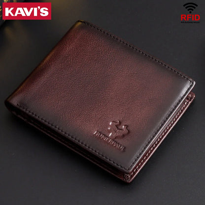 KAVIS Handmade Genuine Leather Men's Wallet RFID Blocking Card Holder with ID Window – Large Capacity Fashion Money & Card Storage Wallet