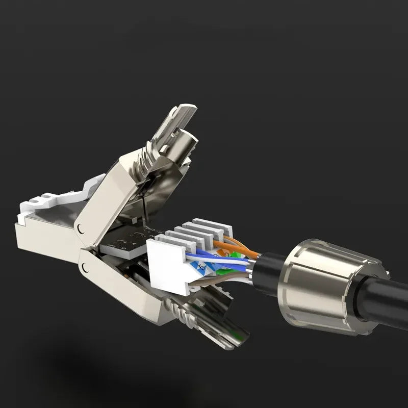 Cat6A/Cat7 RJ45 Connector — UTP/STP Toolless Network Plug | Shielded PoE Ethernet Modular Male Adapter
