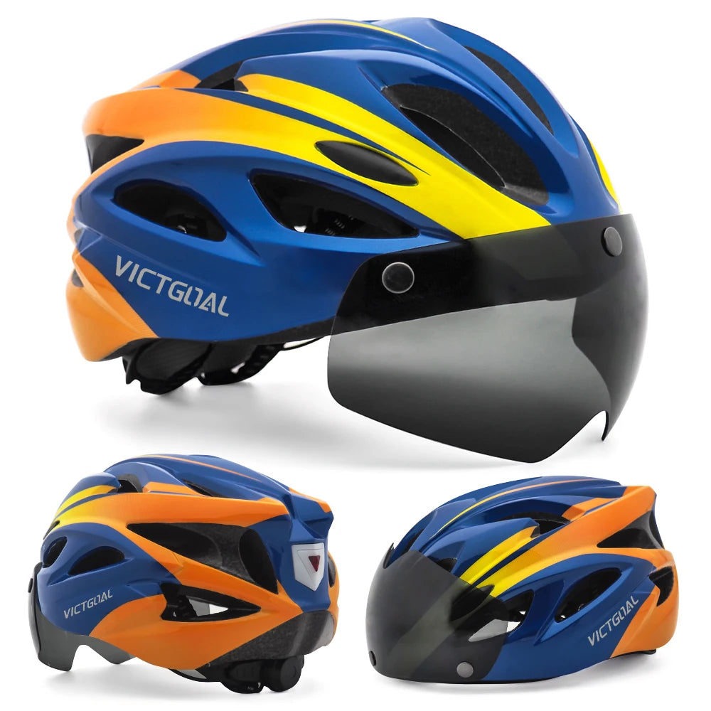 VICTGOAL Cycling Helmet for Men – MTB & Electric Scooter Safety Helmet with LED Taillight, Magnetic Goggles & UV400 Sun Visor